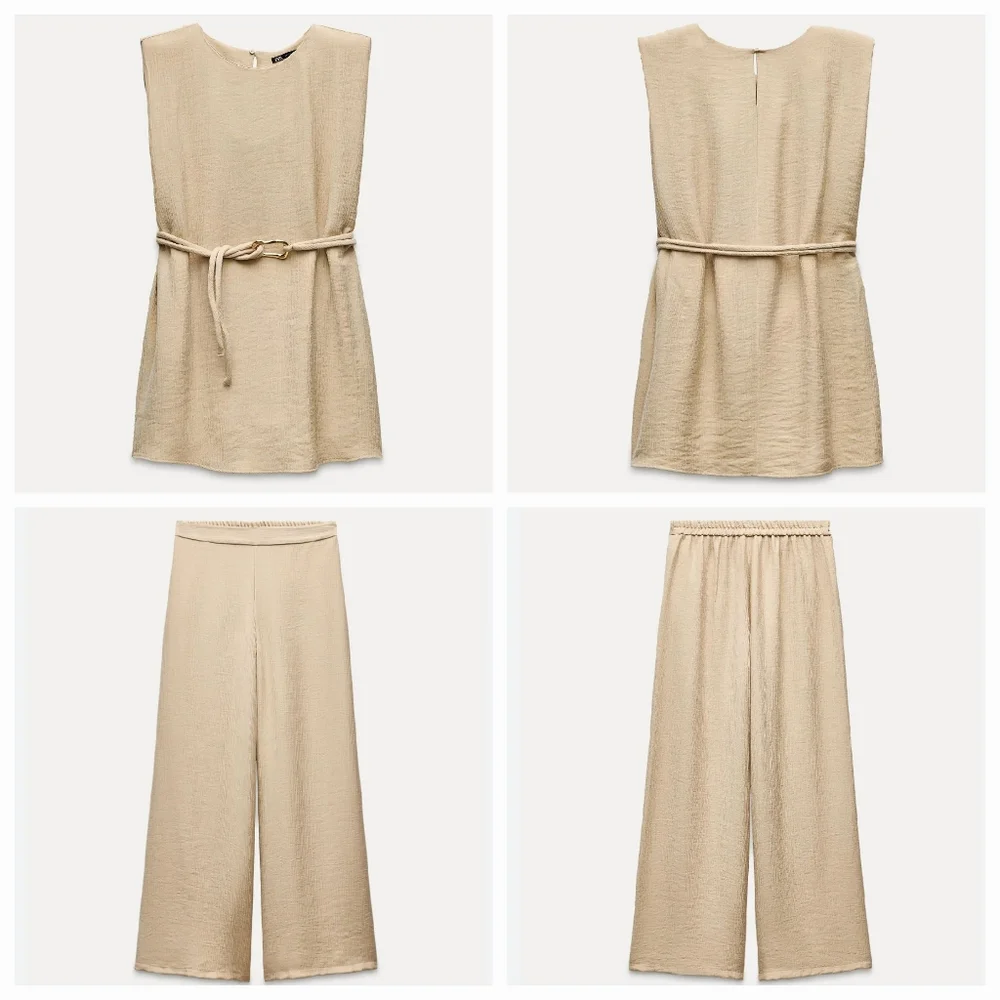 Zara Set 2 Pc belted Top and Wide Pants Size S
